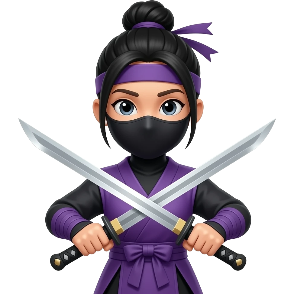 young girl with black hair put up into a bun, wearing a purple ninja outfit, wielding a pair of black-handled swords emoji