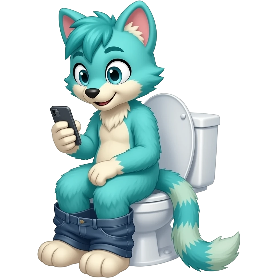 cyan fursuit sitting on toilet,  side view ,pants down, pushing, looking at phone emoji