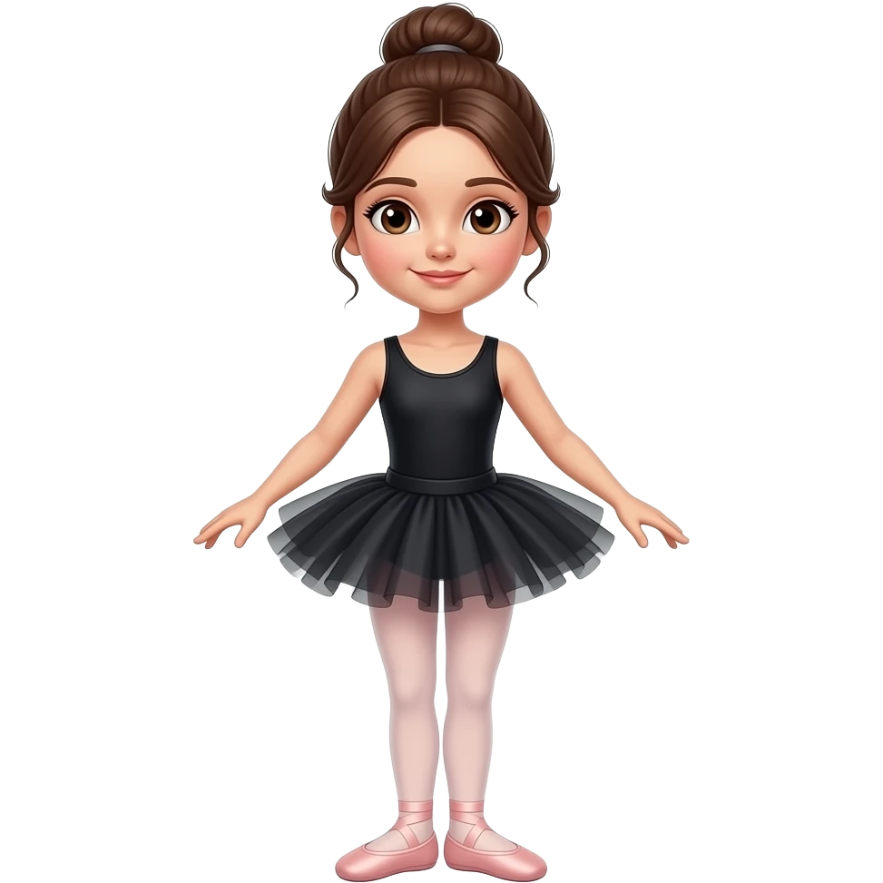 Girl ballet dancer with brown hair brown eyes in black leotard with no skirt pink ballet shoes and tights in a bun emoji