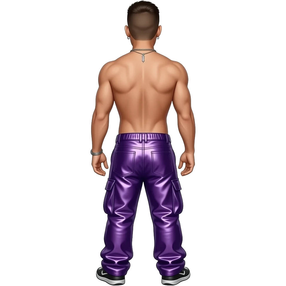 Jonathan Davis from behind with purple metallic baggy pants, shirtless with necklace and earrings emoji