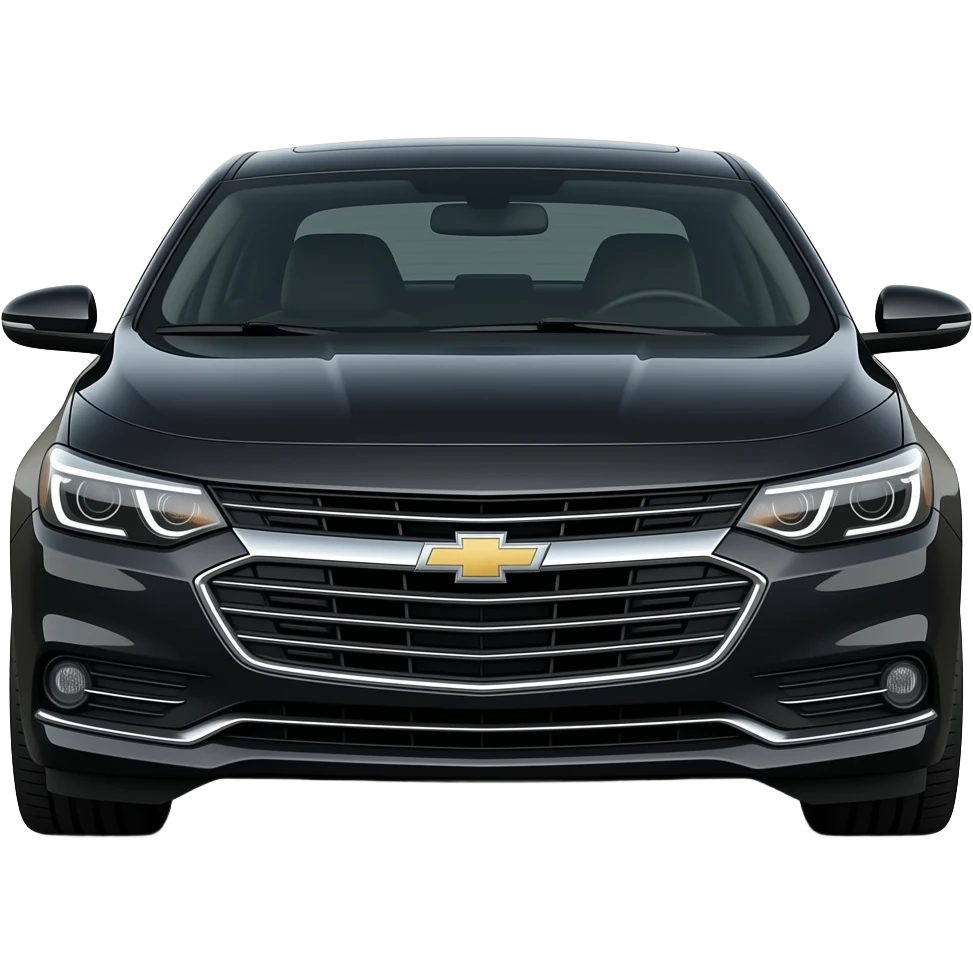A realistic, high-detail photograph of a glossy black Chevrolet Malibu 2 Turbo Premier sedan with tinted windows, featuring deep-glowing, intensely illuminated headlights on the front and black alloy rims. emoji