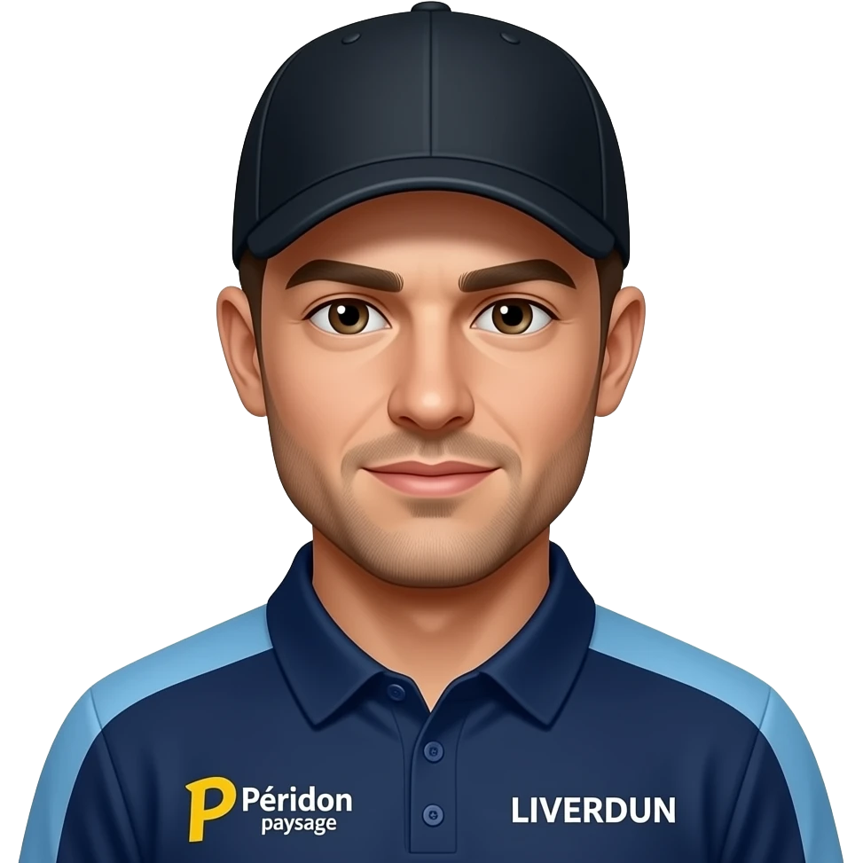 visage homme maillot bleu marine, col 2 boutons avec col et épaules seules bleu clair et logo "Péridon paysage" côté gauche LIVERDUN côté droit casquette noire  avec 2  boules acier emoji