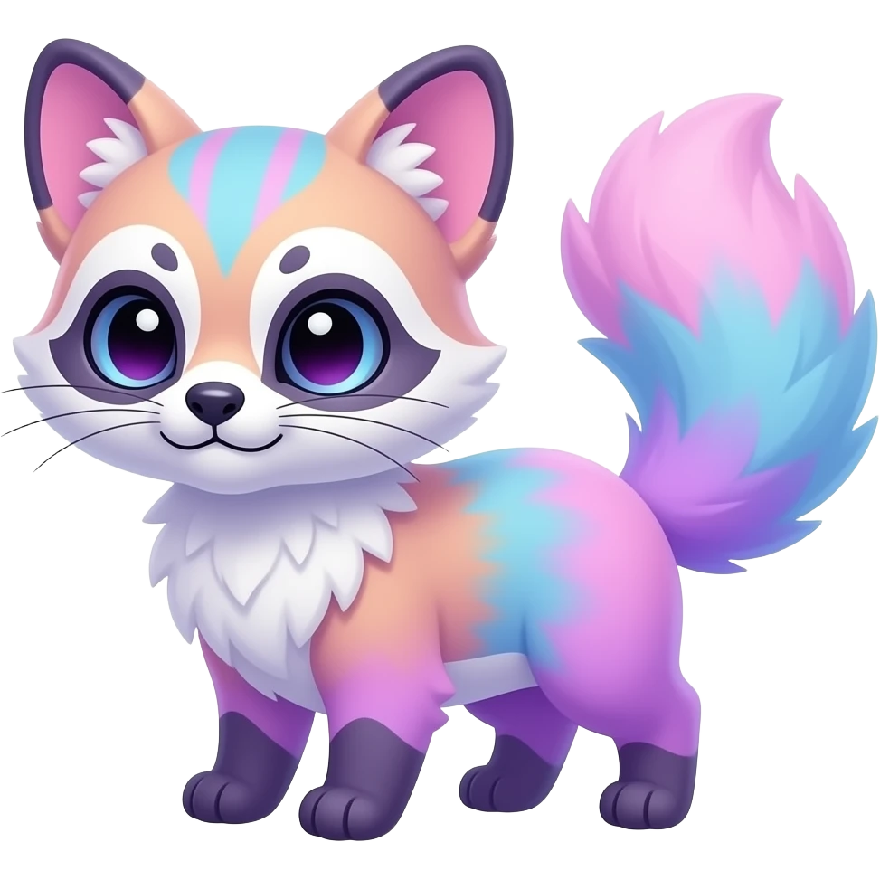 Cute kawaii cool edgy badass pastel cotton-candy pink-blue-purple gradient fluffy fur fantasy-civet-genet-vernid-Cacomistle-Trico-oncilla-Eevee-animal-Fakémon-hybrid-fursona (full body), facial markings, (realism style) emoji