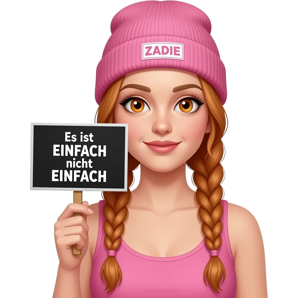 sexy girl with overlong ginger braids and ginger eyes wearing a pink tanktop and a pink beanie with ZADIE written on it, is holding a black sign with Es ist EINFACH nicht EINFACH written on it emoji