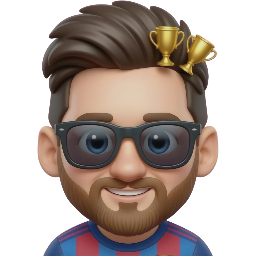 Create a 3D chibi Messi emoji sticker, glossy cartoon style, pink background, consistent Messi design, no text, three tiny golden trophies hidden inside hair details and sunglasses reflection emoji