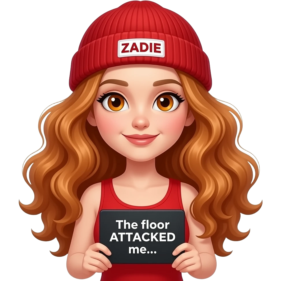 sexy girl with overlong wavy ginger hair and ginger eyes wearing a red tanktop and a red beanie with ZADIE written on it, is holding a black sign with The floor ATTACKED me... written on it emoji