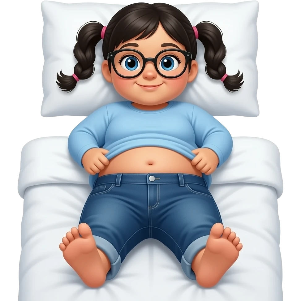 Obese Hispanic little girl with black pigtails and blue eyes rounded black glasses plain light blue long sleeve shirt and dark blue baggy jeans and belly button laying down on her pillow on her bed showing her feet lifting her shirt all the way up emoji