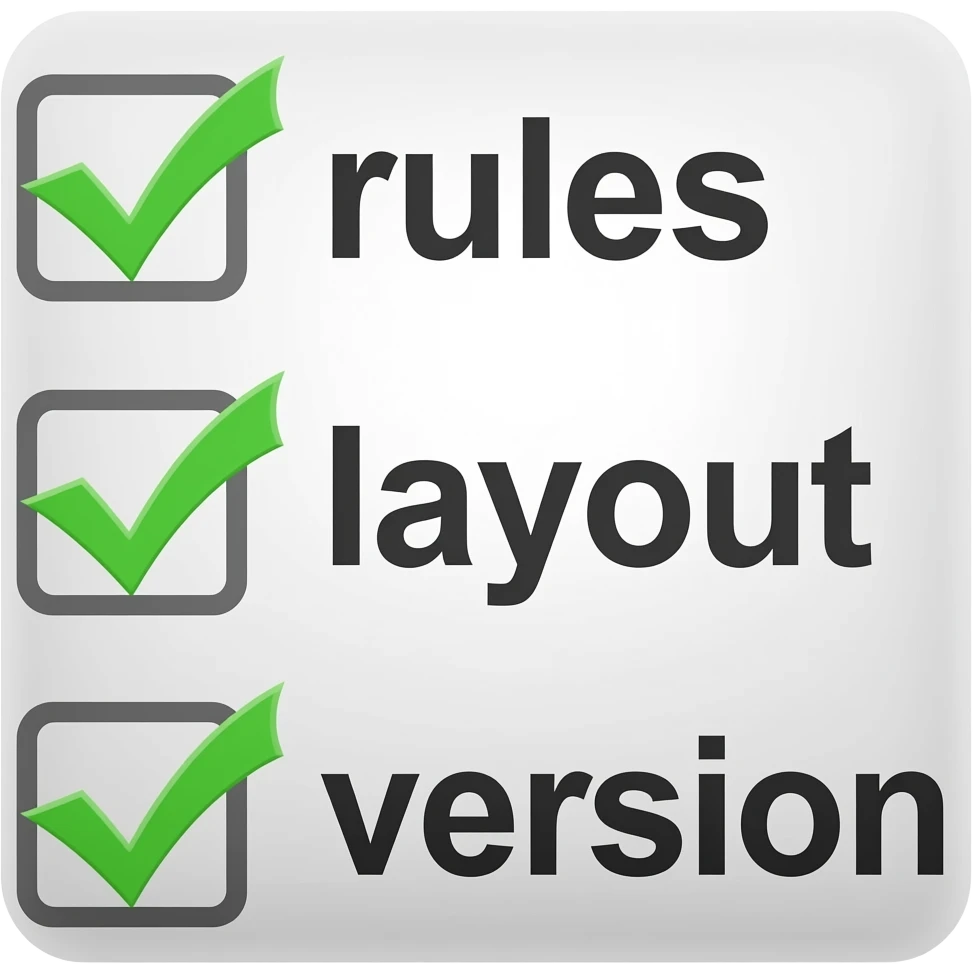 make an emoji of a checklist saying rules, layou, and version emoji