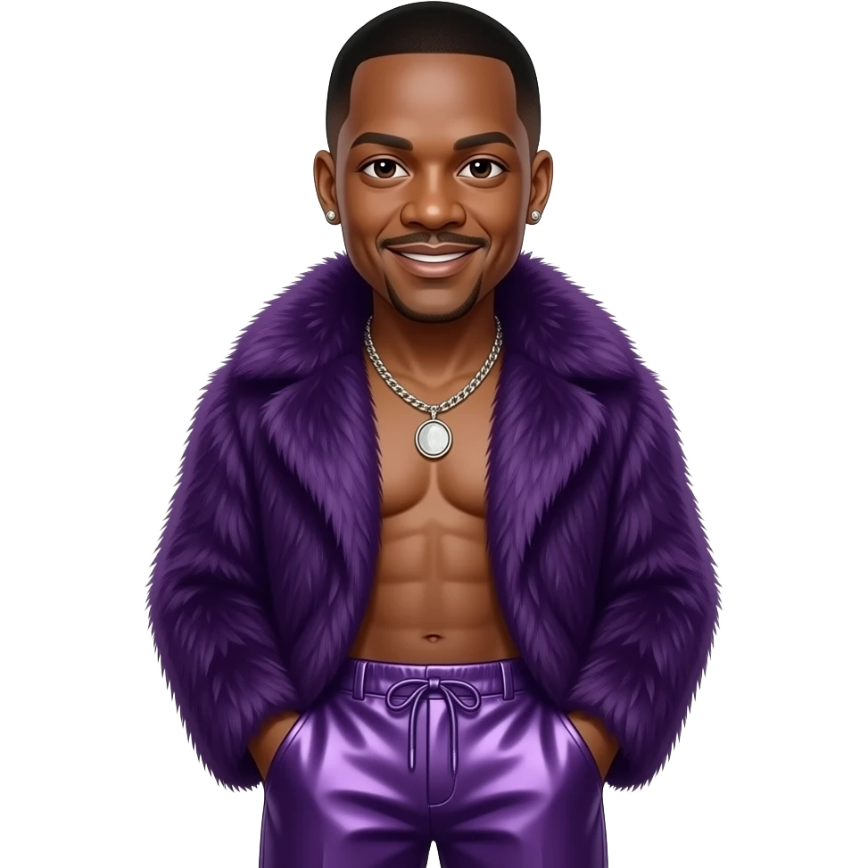 Eddie Murphy with dark brown eyes, black buzz cut hair, midnight purple fur shawl, midnight purple metallic baggy pants, shirtless with necklace and earrings emoji