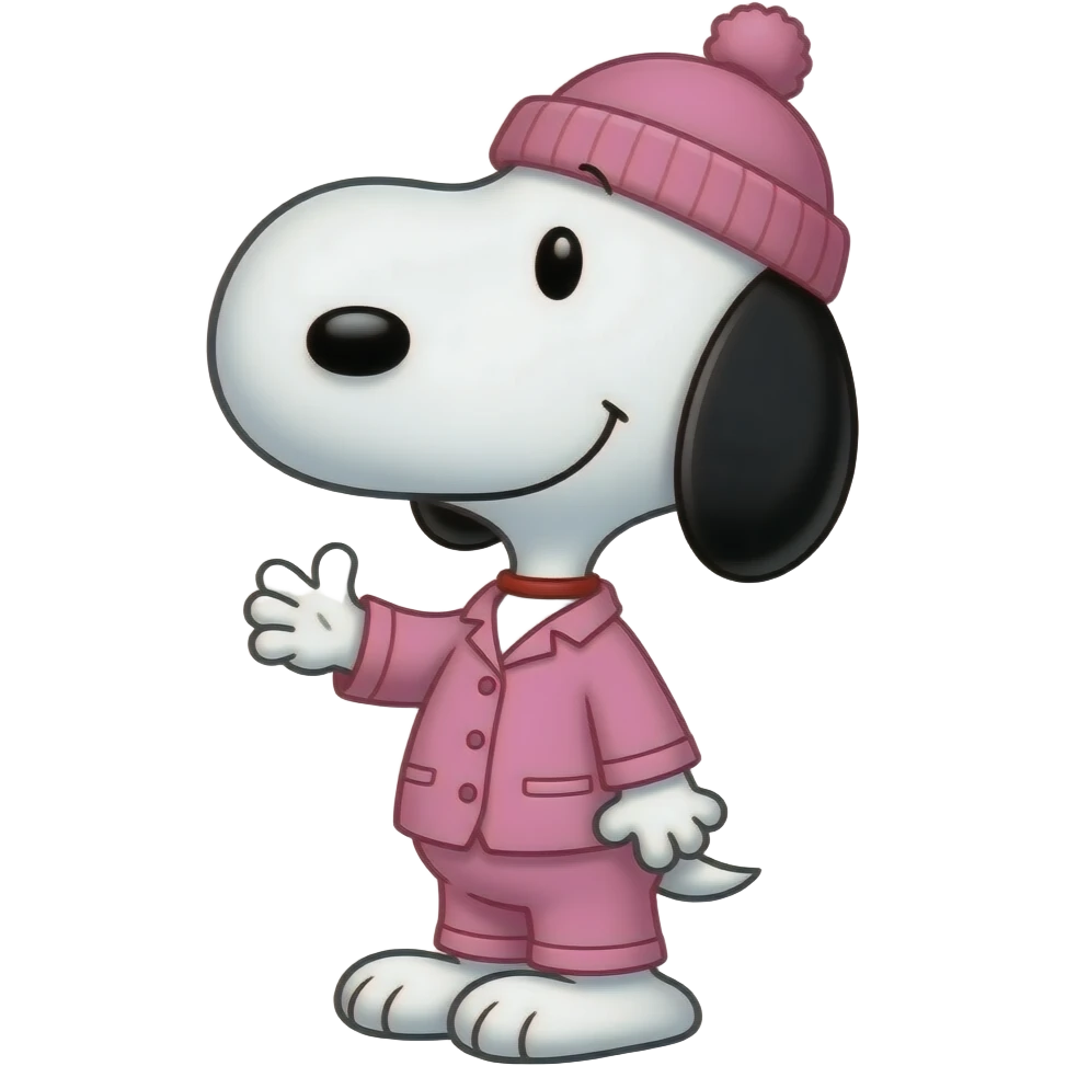 snoopy con pijama rosa y un gorrito rosa emoji