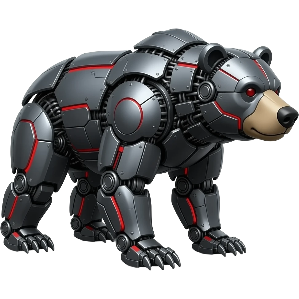 Mechanical grizzly Bear made of dark gray metal with red markings on it. emoji
