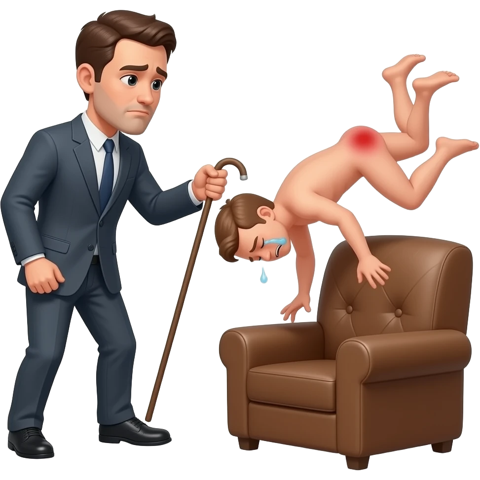 A clothed man with a thin cane beating A small, crying, naked man bending over the back of a brown armchair, with his legs kicking in the air and his red buttocks very bruised, and emoji