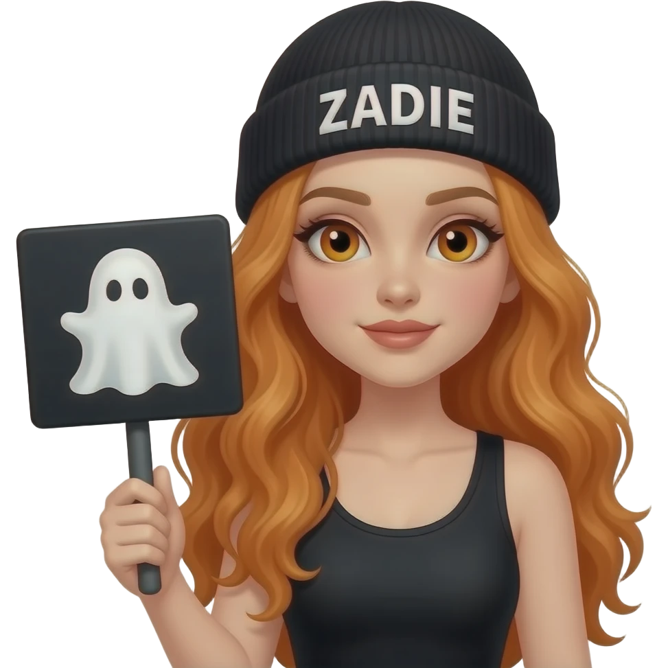 sexy girl with overlong wavy ginger hair and ginger eyes wearing a black tanktop and a black beanie with ZADIE written on it, is holding a black sign with 👻 on it emoji