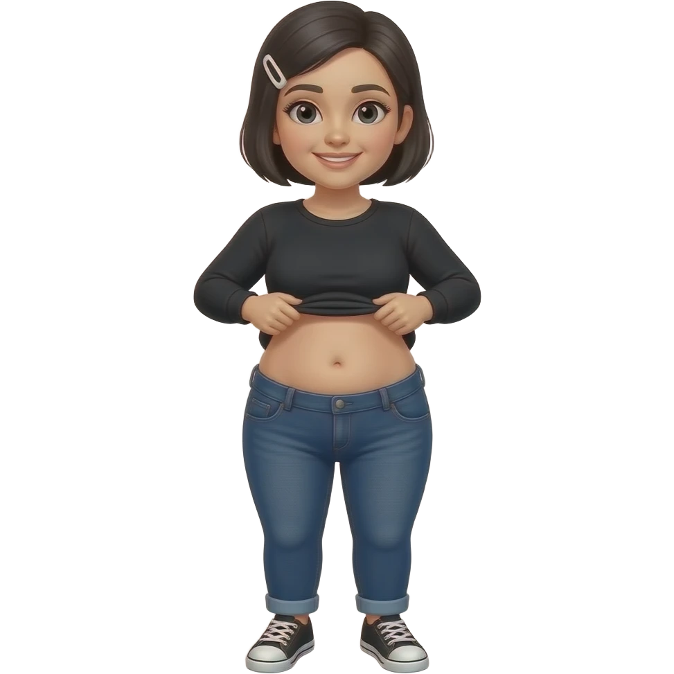 White woman with black short hair, white hair clip on the left of her hair, plain black long sleeve shirt, dark blue jeans, white and black sneakers, and a chubby body lifting her shirt to move her belly emoji