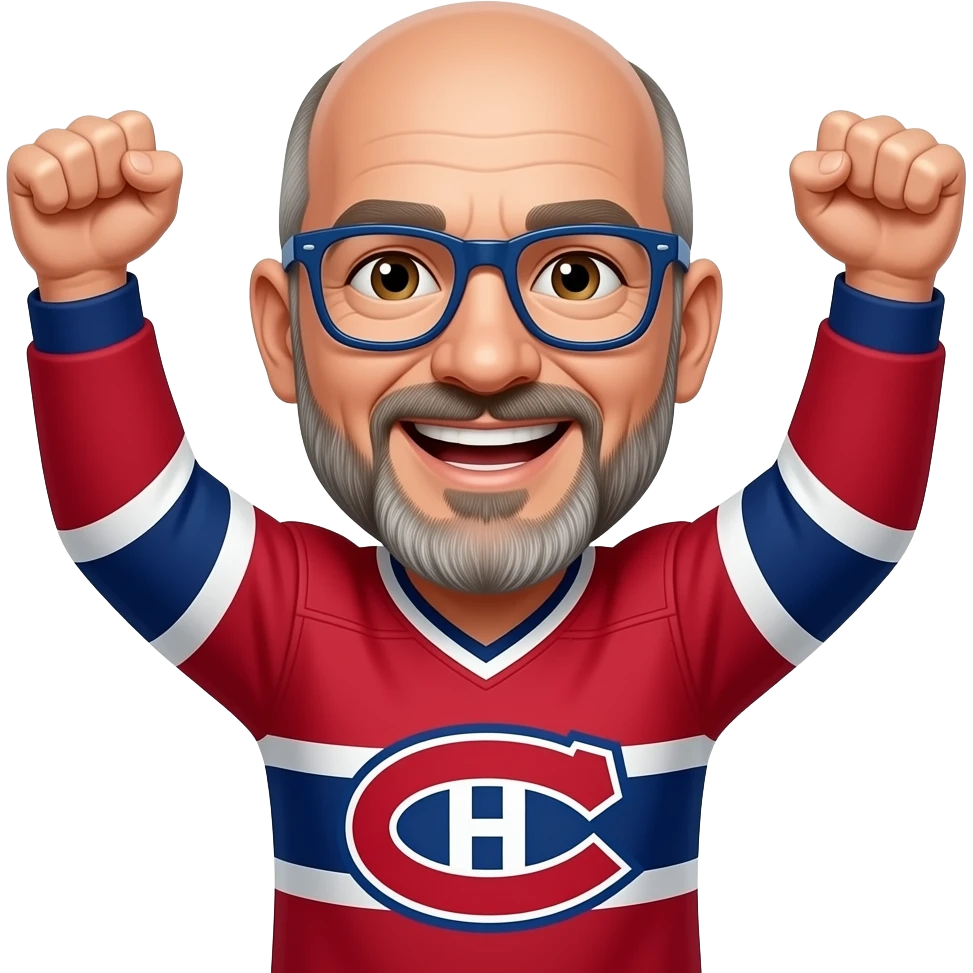 Male, Brown eyes, bald man, anchor beard, navy blue glasses, 50 years old, Montréal Canadiens, smiling showing teeth, cheering arms up emoji