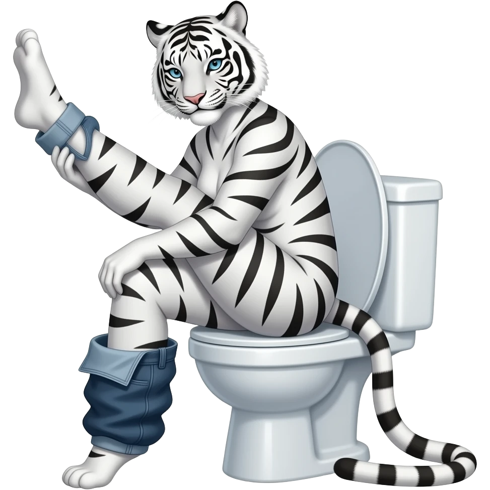 Female white tiger furry person woman sitting on toilet down pants to floor,stretching and lifting legs up emoji