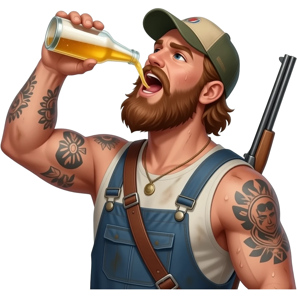 Portrait von einem Oberkörper freien, typischen redneck mit alten cap und tattoos. Er ist maskulin, behaart. Seine Haut ist staubig und verschwitzt. Er gießt sich von oben ein Bie in den offen Mund, er hat eine Schrotflinte um seinen Rücken umgehängt. Er hat ein ungepflegten, zottligen lange Bart. emoji