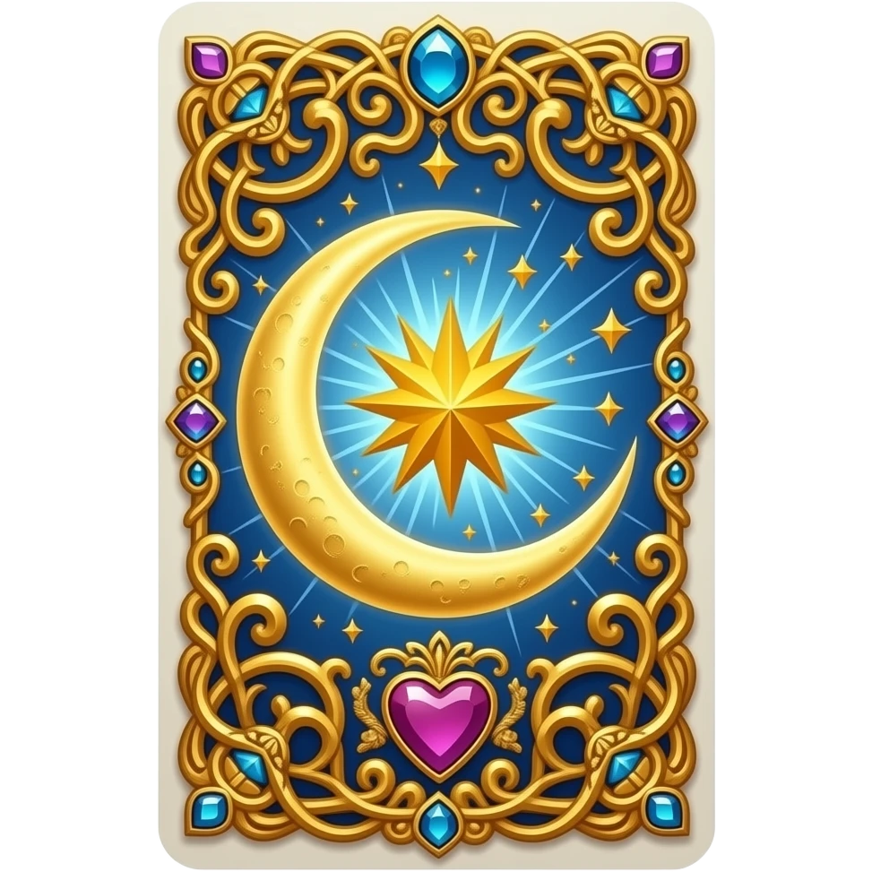 card in tarot style with the moon and the star and heart, very ornamented and embellished emoji