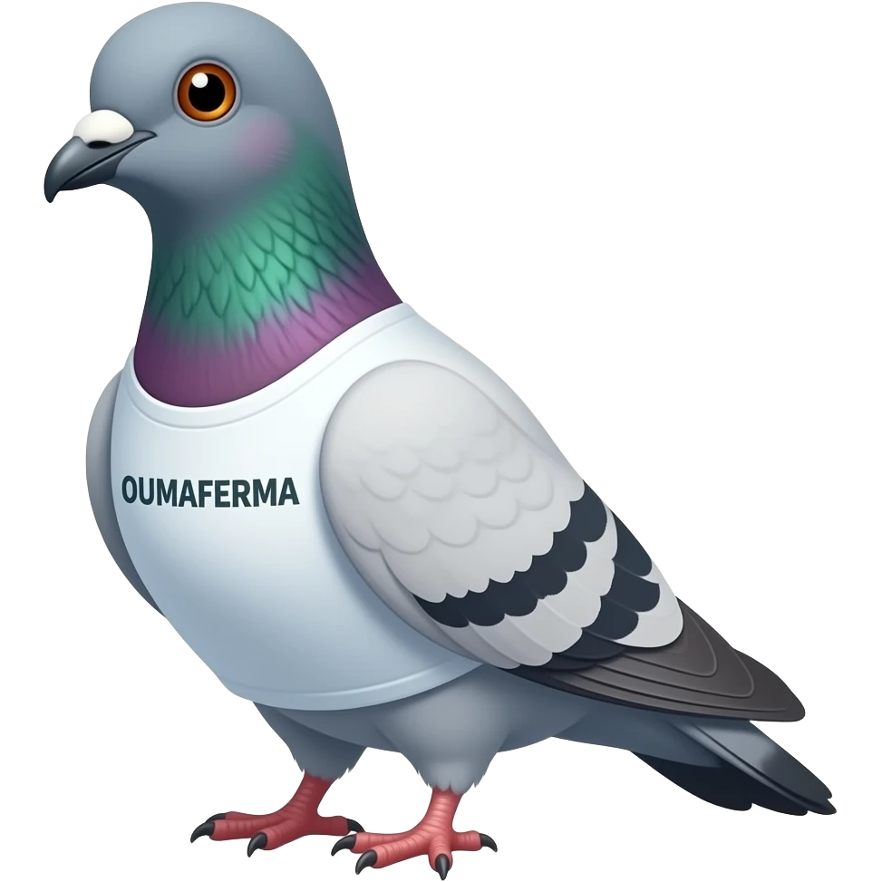 pigeon wearing a t-shirt with text OUMAFERMA emoji