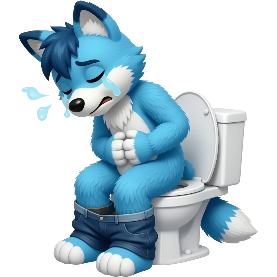 blue fursuit sitting on toilet, side view, pants down, sitting on toilet, side view, pants down, straining,  eyes closed, pushing, squeezing, sick, hands on stomach emoji