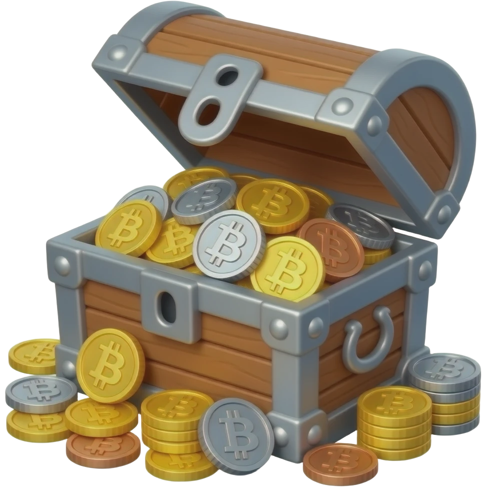 A  realistic Treasure chest full of Gold, Silver, Bronze, and Dark Gray Titanium Bitcoins.  No coins outside. All coins inside. emoji