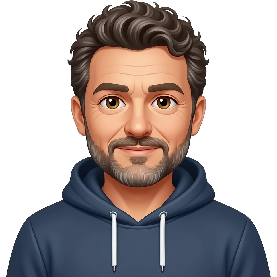 A business man in his 40s in a hoodie with a short beard, curly hair, and brown eyes emoji