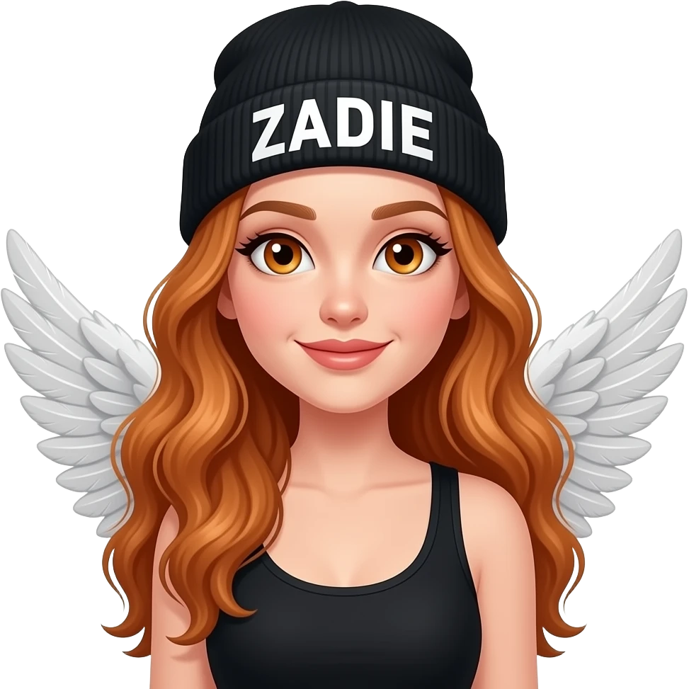 sexy girl with overlong wavy ginger hair and ginger eyes wearing a black tanktop and a black beanie with ZADIE written on it, is wearing wings emoji