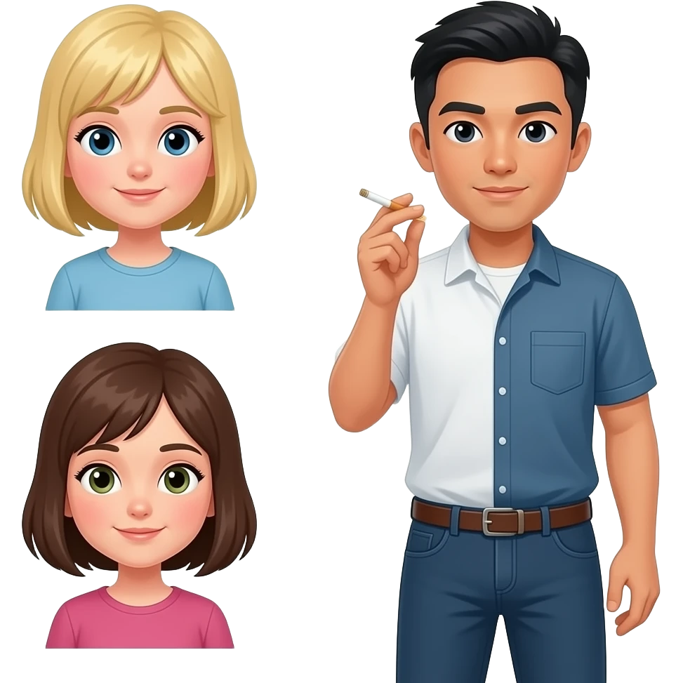 A white blonde girl with a bob, a white brunette girl with a bob, and a half white half Asian man smoking weed emoji