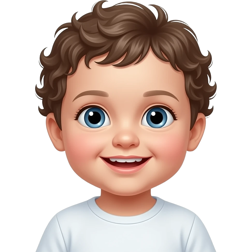 White 1 year old baby with curly hair with two teeth emoji