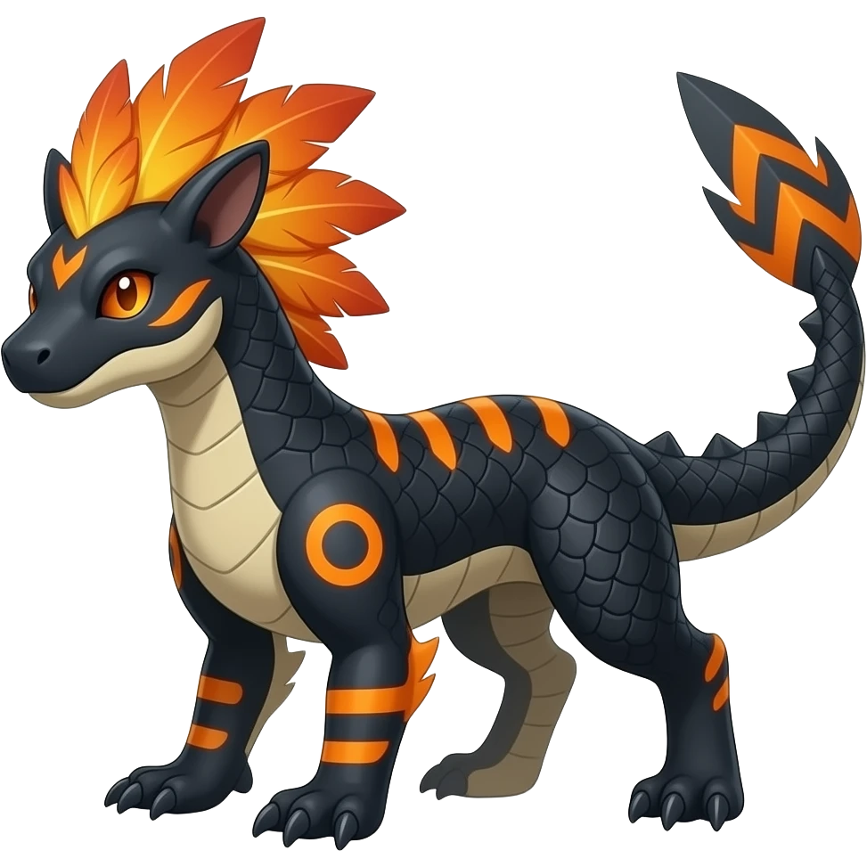Cool edgy ancient black-scaled with neon-orange stripe markings digitigrade bipedal vintage futuristic raptorik fantasy-Cyberpunk-Steampunk-Solarpunk-Genesect-Salamence-Cyclizar-Salazzle-Feraligatr-Fakémon-animal-hybrid, with neon feather-mane, and a tail blade, back spikes, full body emoji