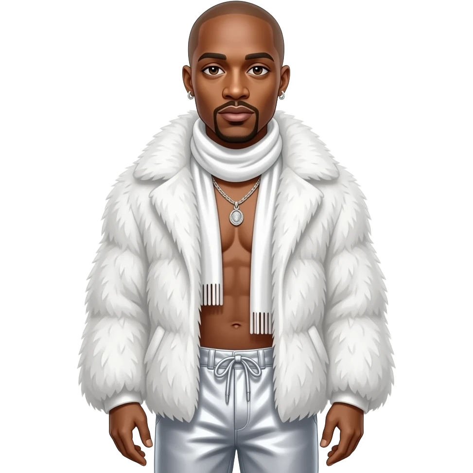 Tupac with brown eyes, bald head, white scarf, white fur shawl, white metallic baggy pants, shirtless with necklace and earrings emoji