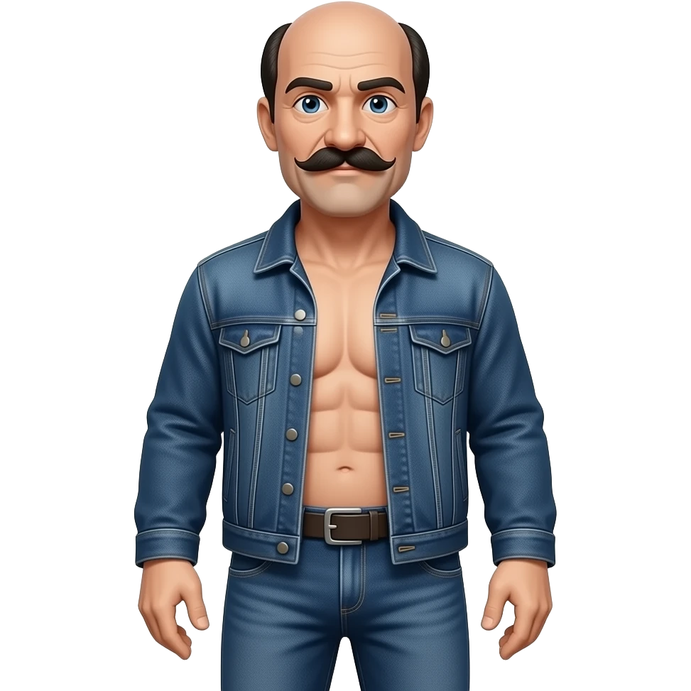 Hombre de 78 con bigote mucho más grande grande y mas oscuro, calvo y poco pelo negro en los lados y sin barbamoreno con algo de abdomen pantalón vaquero largo cazadora emoji