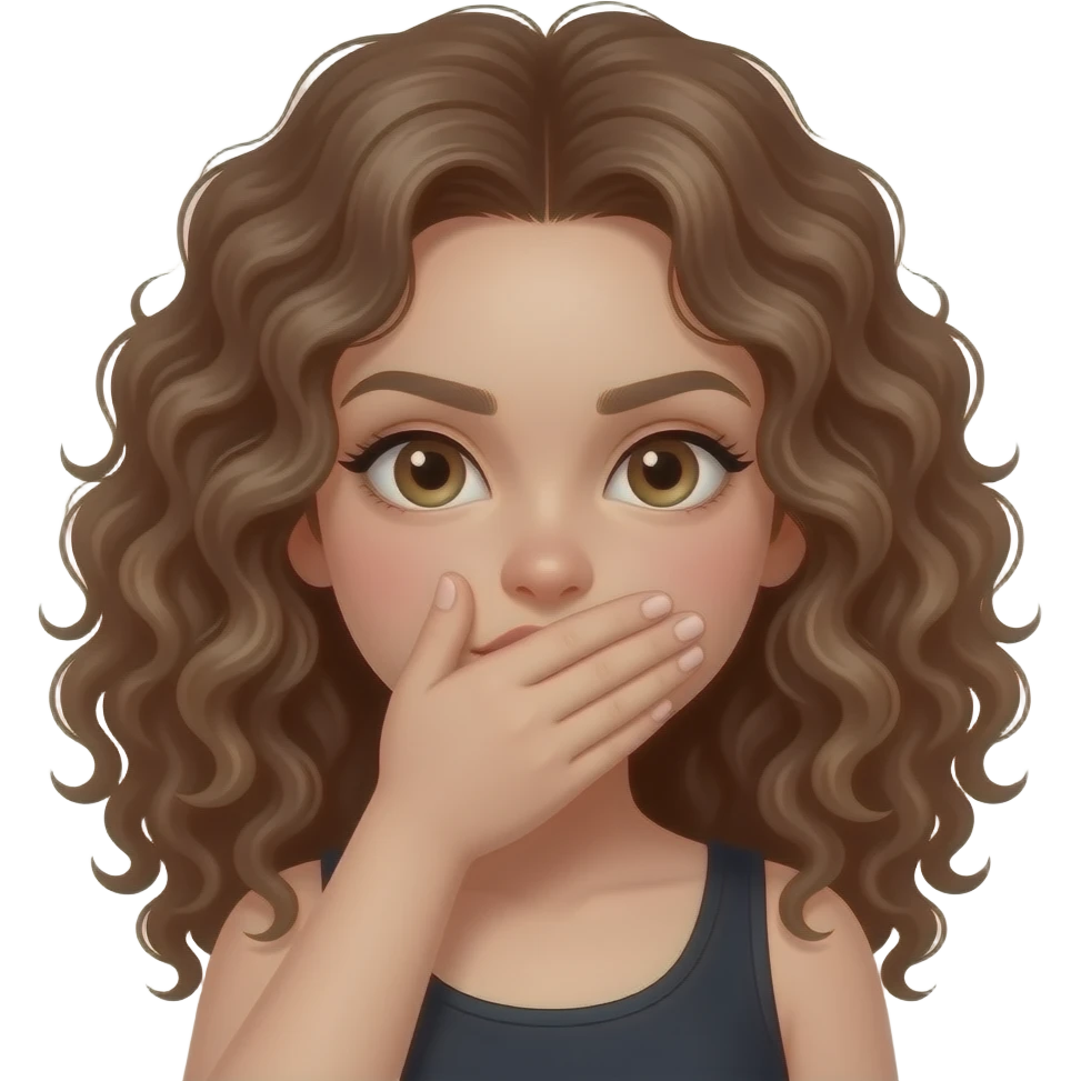 emoji de una chica con el pelo rizado de piel clara tapandose la boca con la mano y cara de niña mala emoji