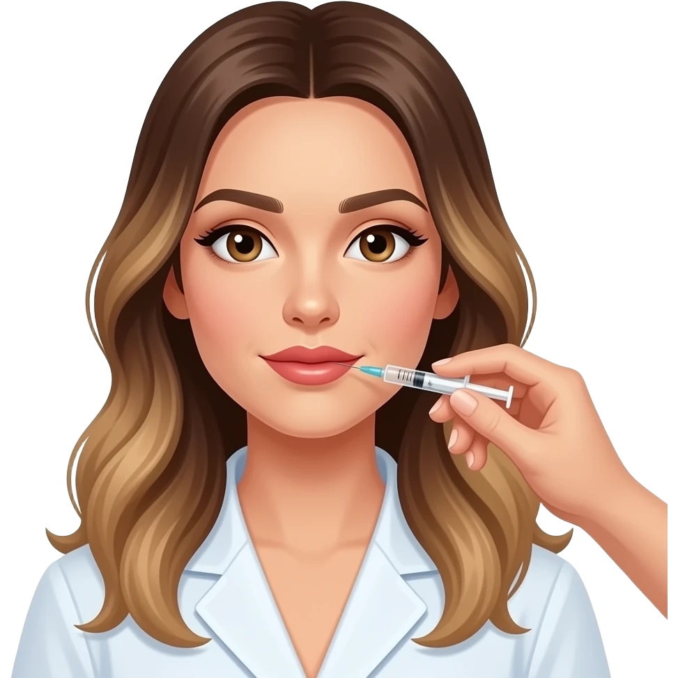Brown eyed, long brunette balayage hair getting lip filler emoji