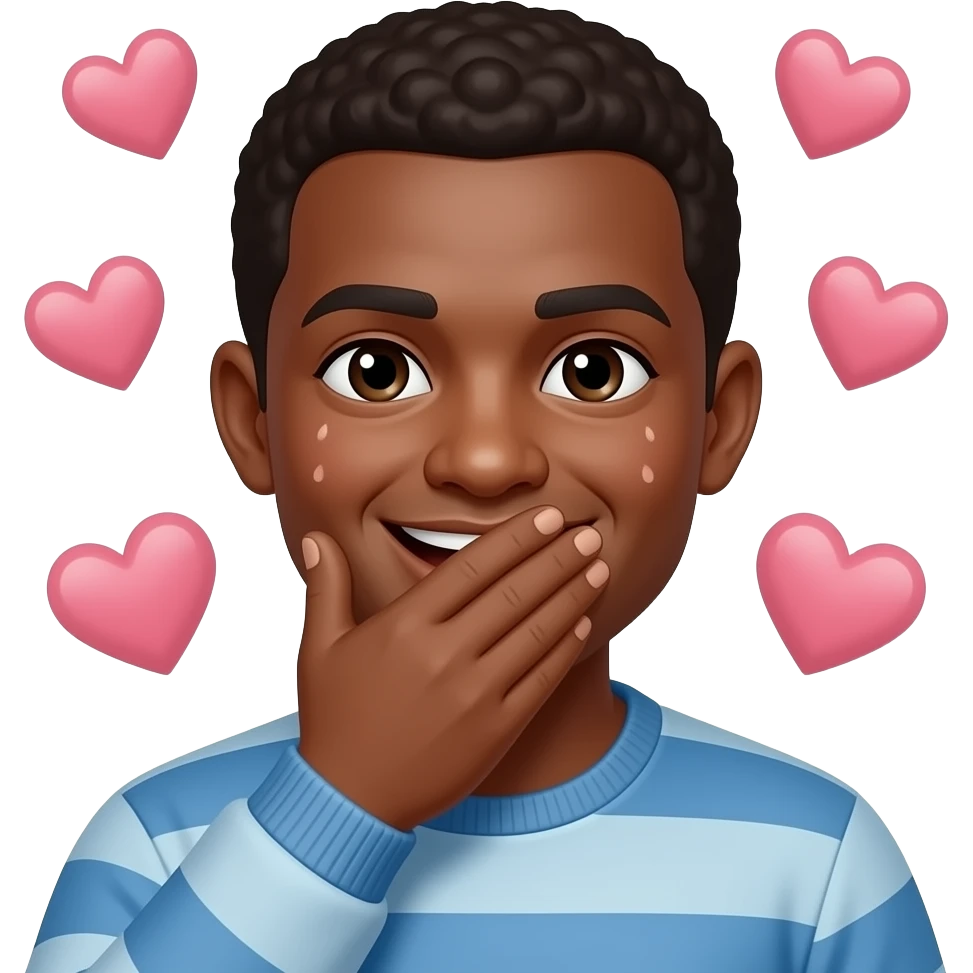 hombre de piel morena con la mano tapandose la boca, y cara sonriente y sonrojada, con corazones de fondo y emoji