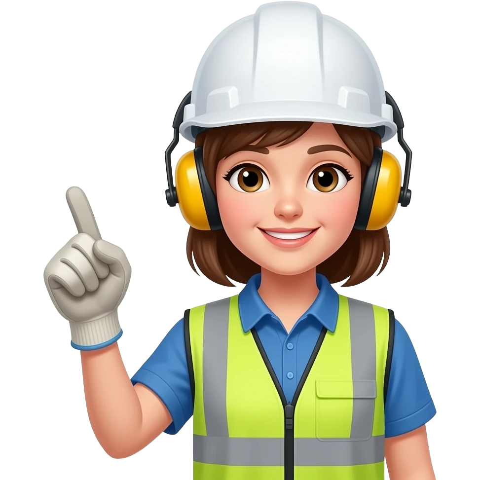 hacer un amoji de una chica que esta dando una capacitacion de seguridad e higine con los temas de ruido, iluminacion y uso de epp en la posible que l aimagen cuente con  casco blanco guantes de trabajo, protector auditivo adosado al caso de copa y chaleco reflactario emoji