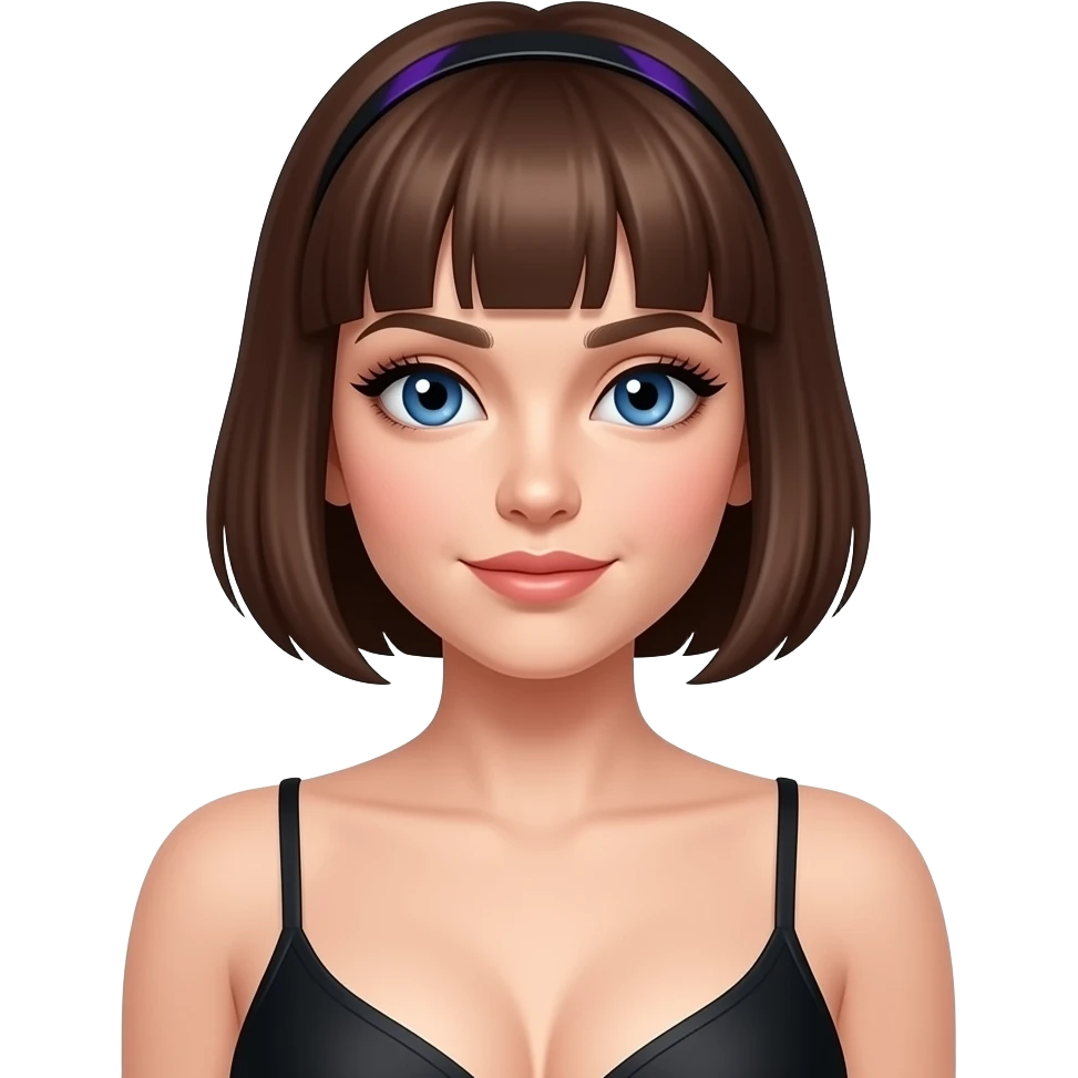 Make blue eyes eyelash cap black and purple.very short brown hair big boobs emoji