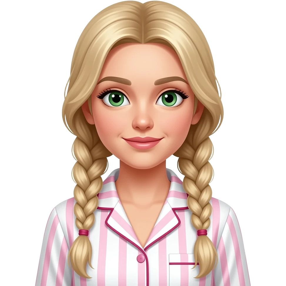 A blonde girl with long hair in braids and green eyes wearing white pajamas with pink stripes, just like the ones from Victoria's Secret. emoji