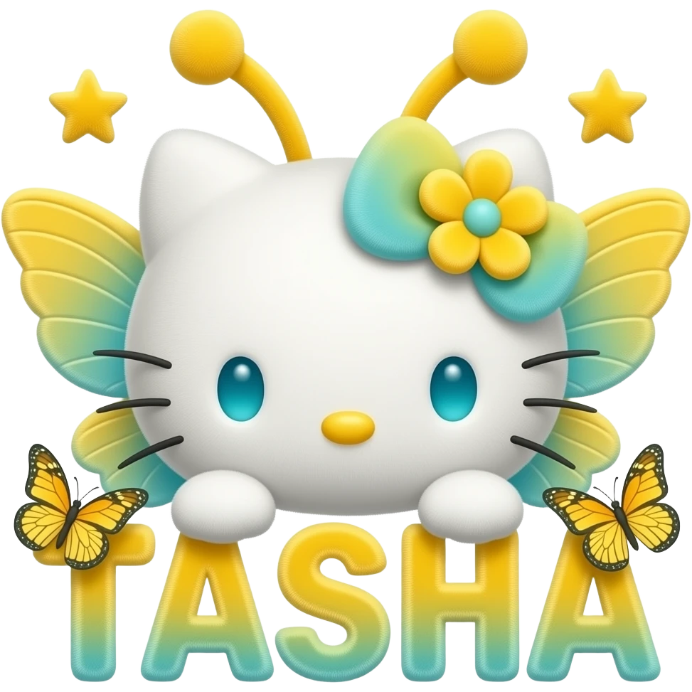White velvety fur 3D hello kitty head, yellow cyan ombre 3D flower on ...