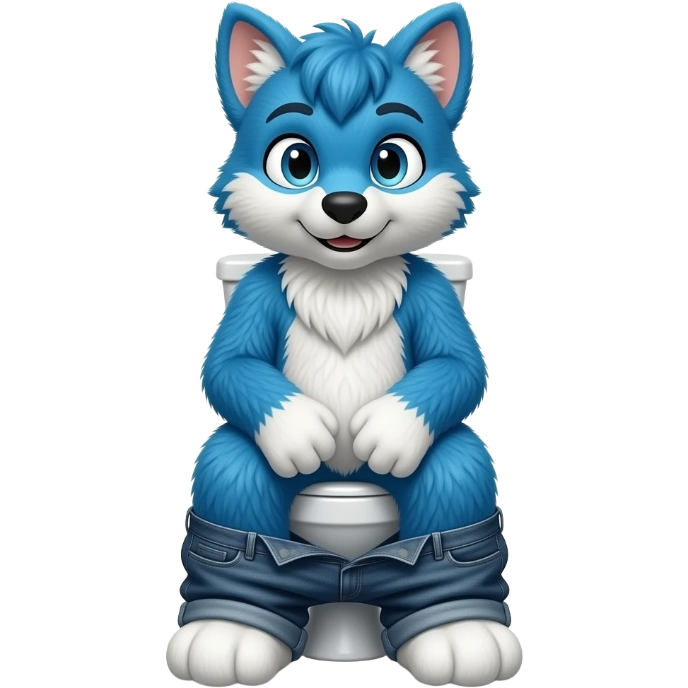 blue fursuit sitting on toilet, front view, pants down, toilet lid up emoji