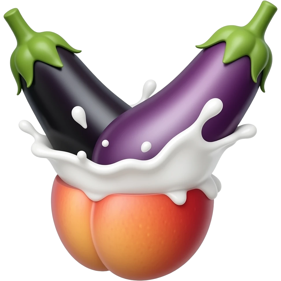 Two eggplants, one black and one purple, splash milk in one juicy peach emoji