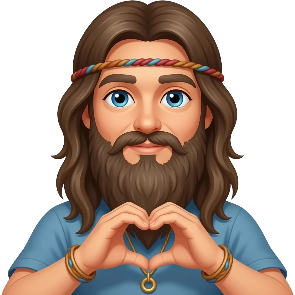Long brown hair blue eyes long grey beard hippy with heart hands emoji