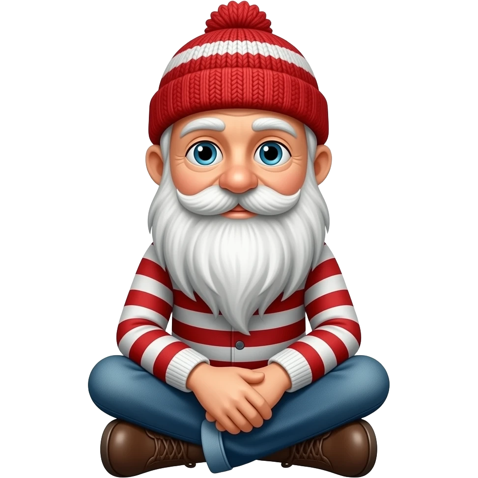 Waldo, a skinny  old man with a long white beard and mustache  wearing a red and white striped knit beanie hat sitting crossed legs on the floor (fullbody) emoji