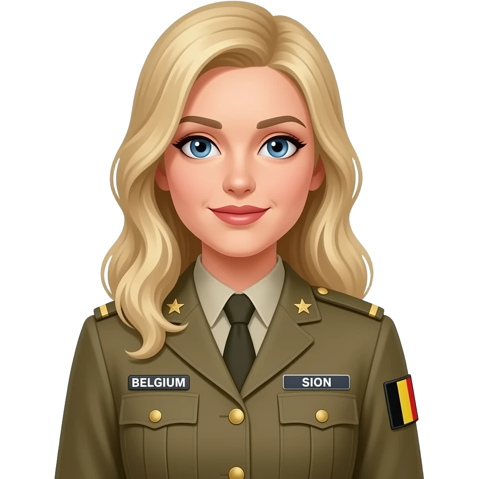 woman - military - kaki uniform - blond long hair - blue eyes - feminine - under officer grade - SION on name tag on the right - BELGIUM on the name tag on the left - Nurse patch on the right arm - Belgium flag on the left arm - long sleeves for uniform emoji