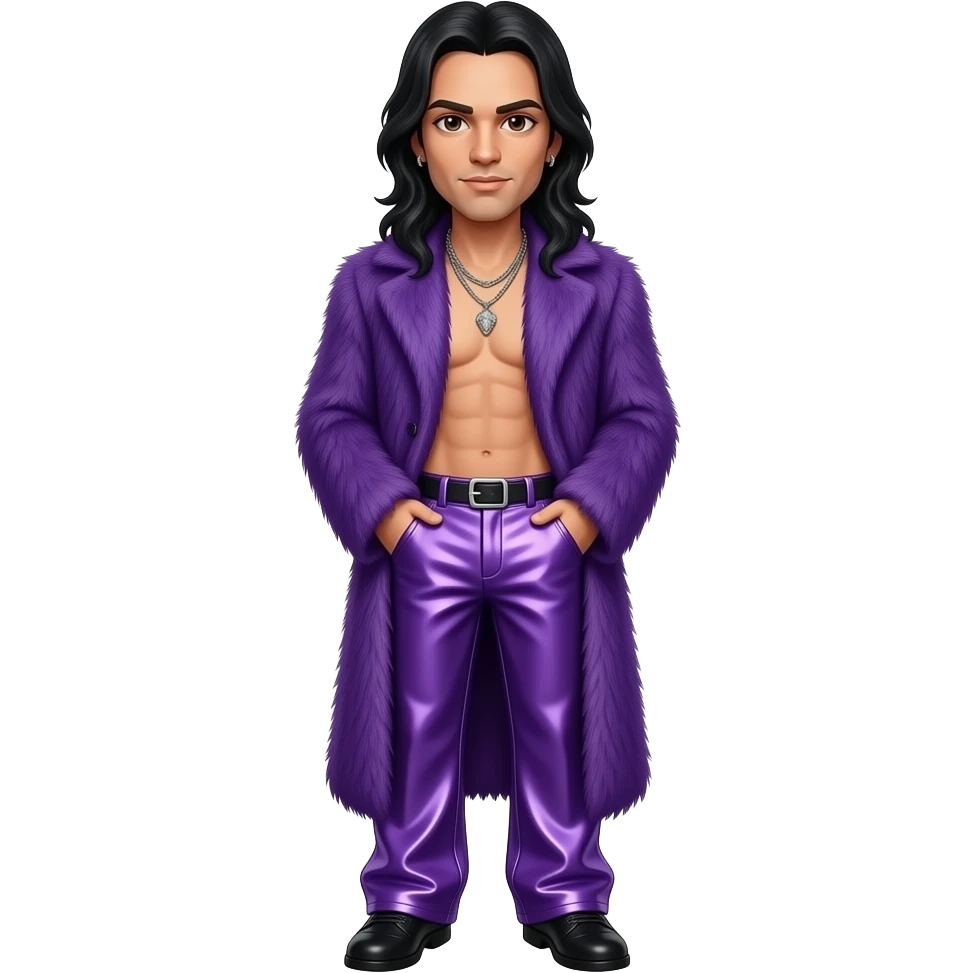 Jonathan Davis with dark brown eyes, long black hair, purple fur coat, purple chrome baggy pants, shirtless with necklace emoji