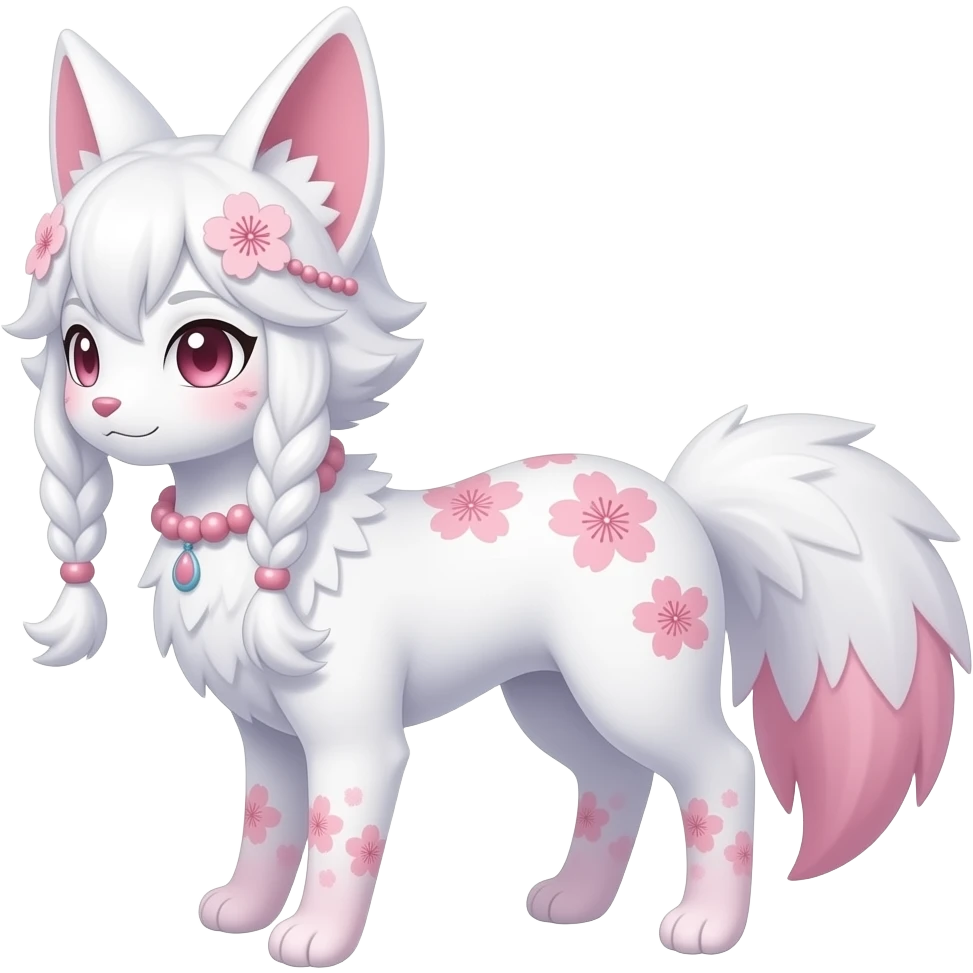 White sakura floral Fuzzy slim oriental feathery long-haired beaded mane cozy rosy aesthetic feathery Rosy beautiful Sylveon-Furret-Fennekin-Minccino-Espeon-Fakémon-hybrid emoji
