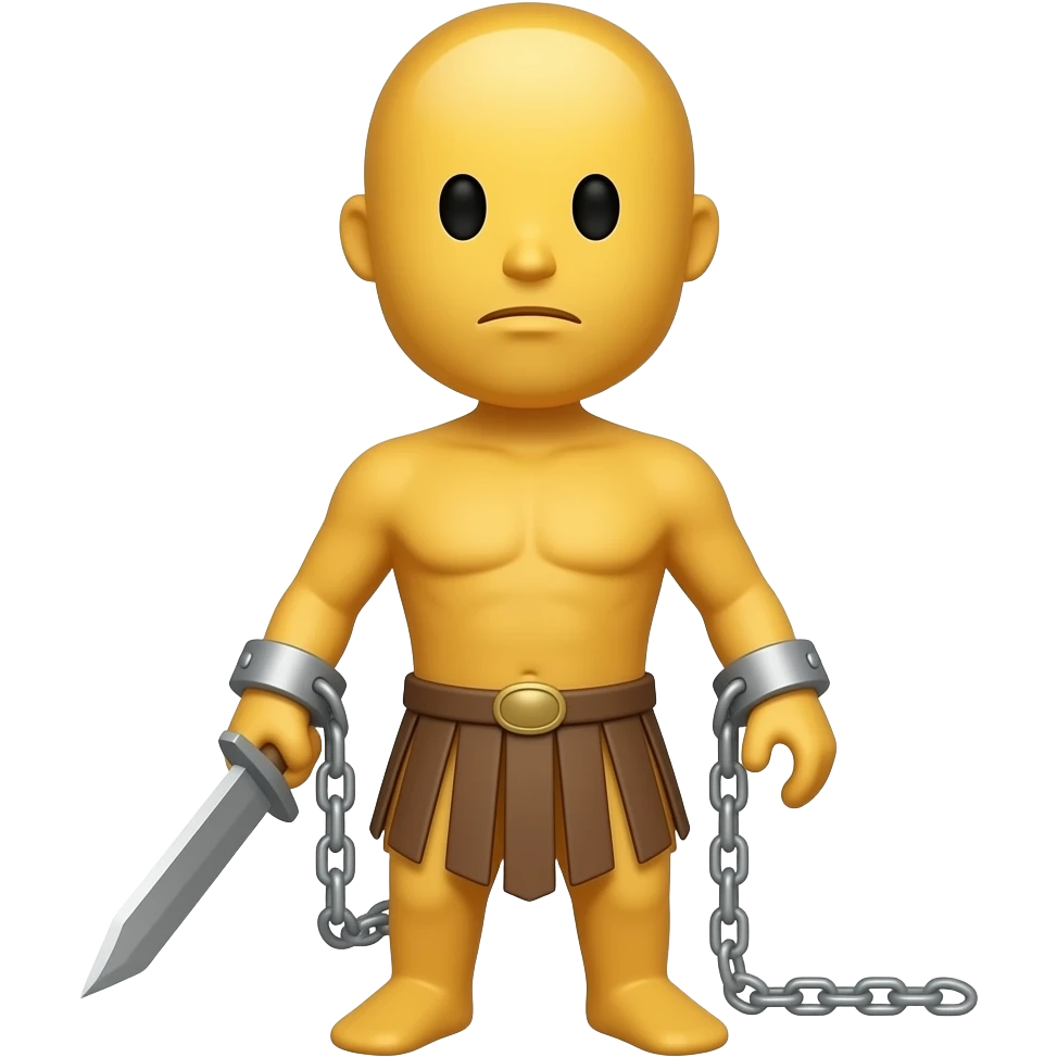 spartacus, minimal, full body, yellow skin, tipical emoji caracter style, more emojis style, more minimal, with weapons, more simplistic, emoji style, shackles on wrist with broken chains emoji