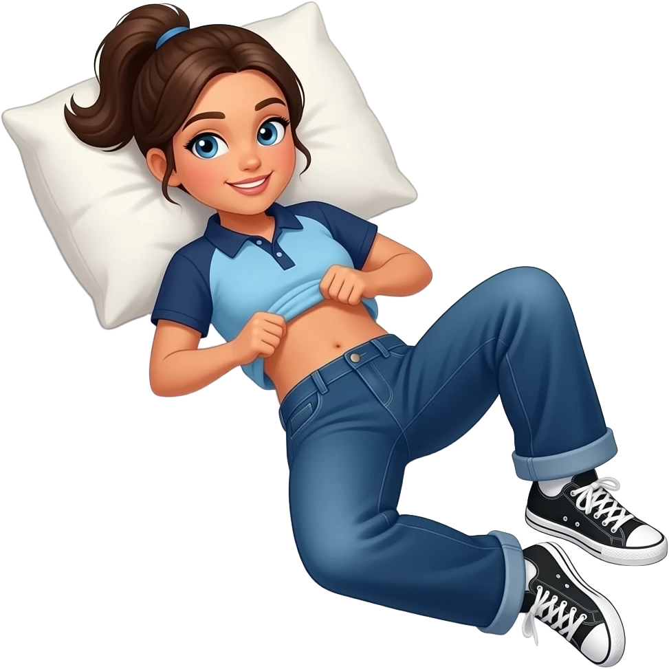 Hispanic girl with brown ponytail and blue eyes light blue and dark blue polo and dark blue baggy jeans and white and black sneakers and belly button laying down on her pillow on her bed lifting her shirt shaking her belly emoji
