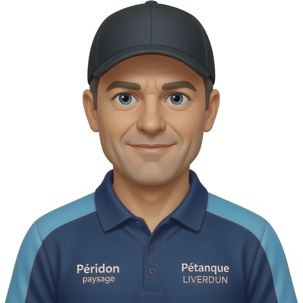 tête homme 50 ans sous casquette noire avec boule de pétanque sur maillot bleu foncé avec col trois boutons et épaules bleu clair coté droit Pétanque LIVERDUN, côté gauche "Péridon paysage" emoji
