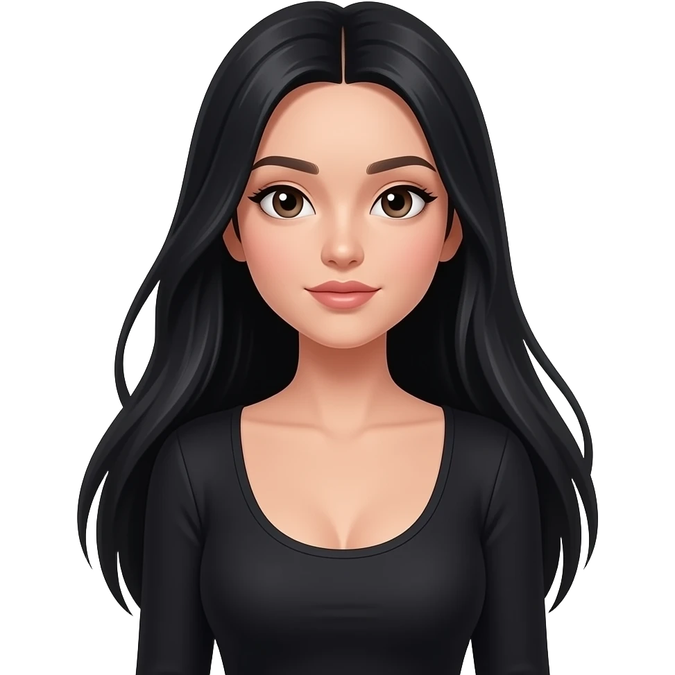 female with wasian lighter skin features, long black straight hair with a middle part, and a low cut long sleeve black top, hair is flowing and waist length emoji